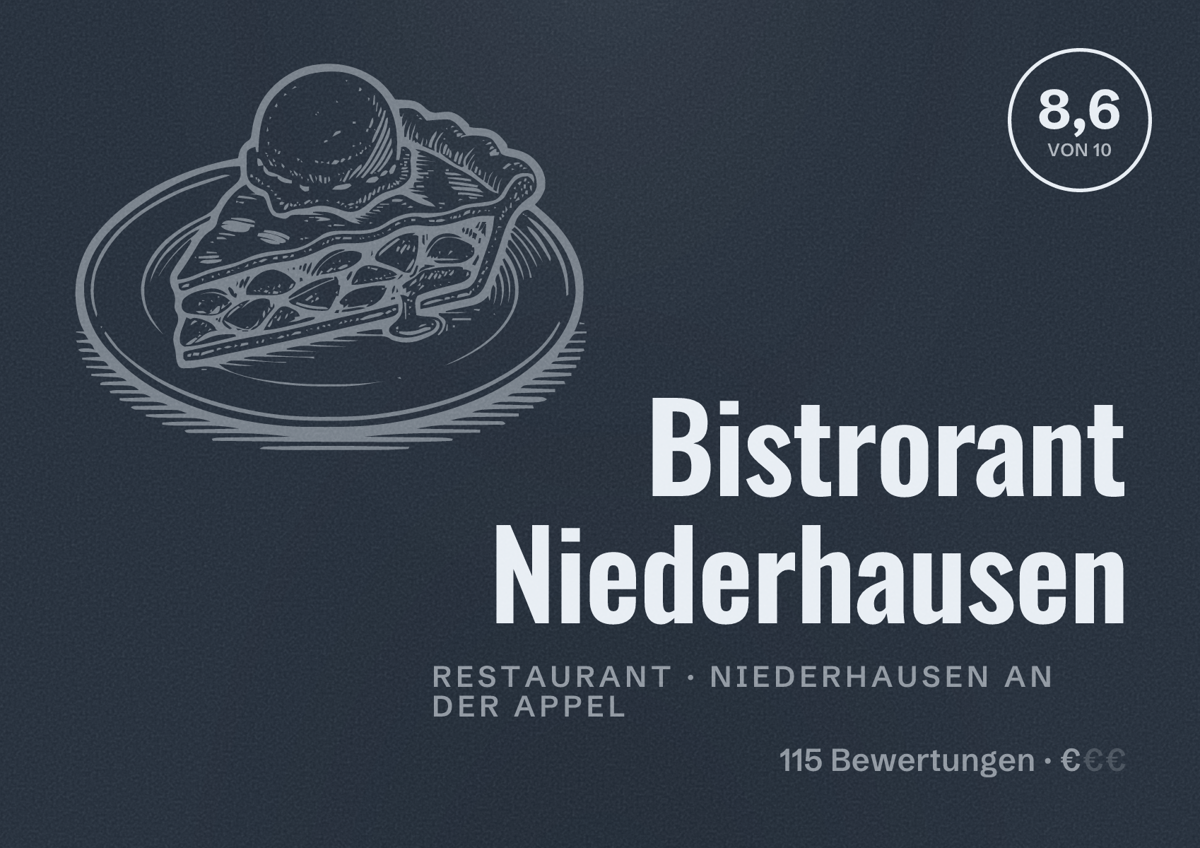 Illustriertes Poster von Bistrorant Niederhausen, Restaurant in Niederhausen an der Appel: Bewertung 8,6 von 10 aus 115 Bewertungen, Preisniveau €