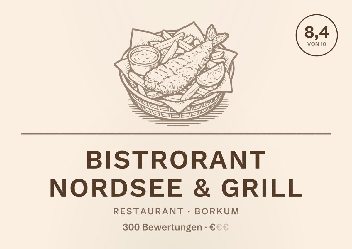 Illustriertes Poster von Bistrorant Nordsee & Grill, Restaurant in Borkum: Bewertung 8,4 von 10 aus 300 Bewertungen, Preisniveau €