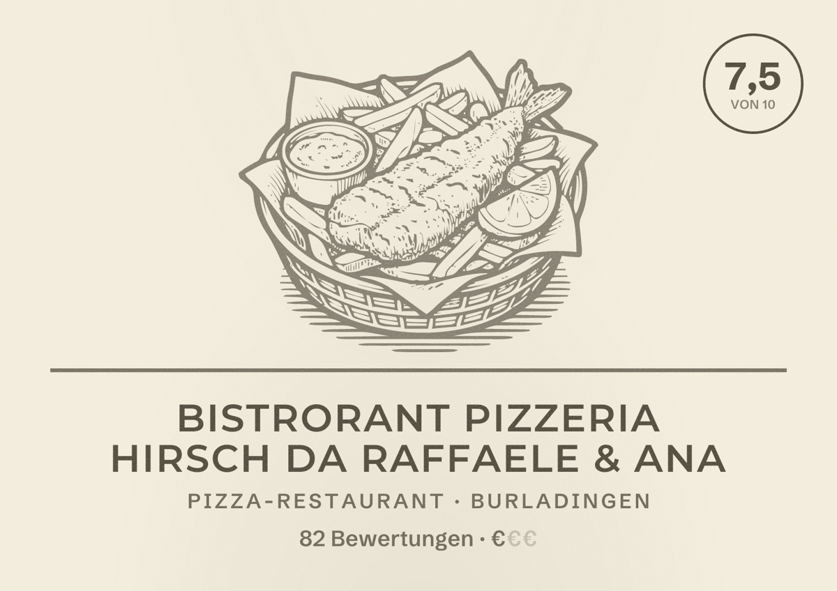 Illustriertes Poster von Bistrorant Pizzeria Hirsch Da Raffaele & Ana, Pizza-Restaurant in Burladingen: Bewertung 7,5 von 10 aus 82 Bewertungen, Preisniveau €