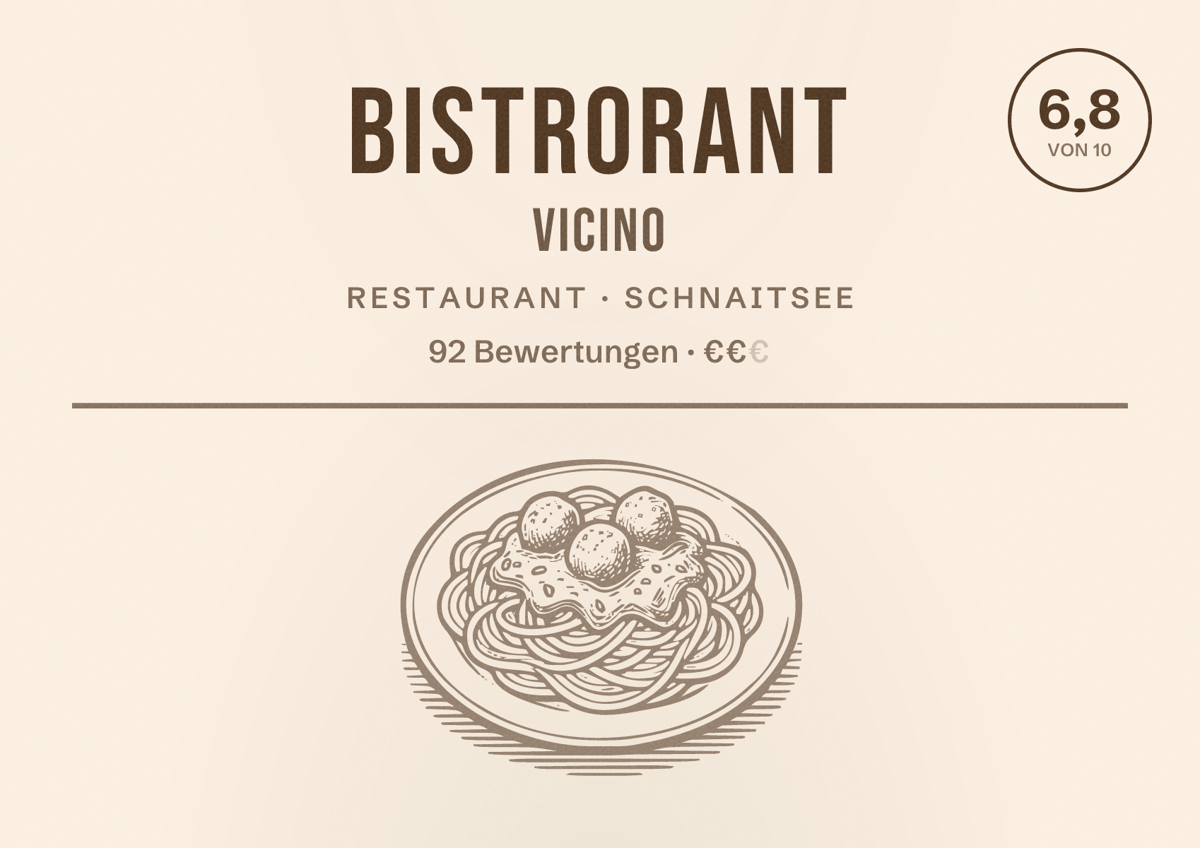 Illustriertes Poster von Bistrorant Vicino, Restaurant in Schnaitsee: Bewertung 6,8 von 10 aus 92 Bewertungen, Preisniveau €€