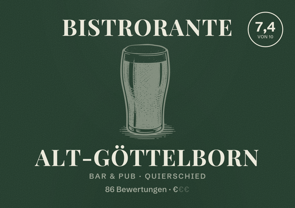 Illustriertes Poster von Bistrorante Alt-Göttelborn, Bar & Pub in Quierschied: Bewertung 7,4 von 10 aus 86 Bewertungen, Preisniveau €