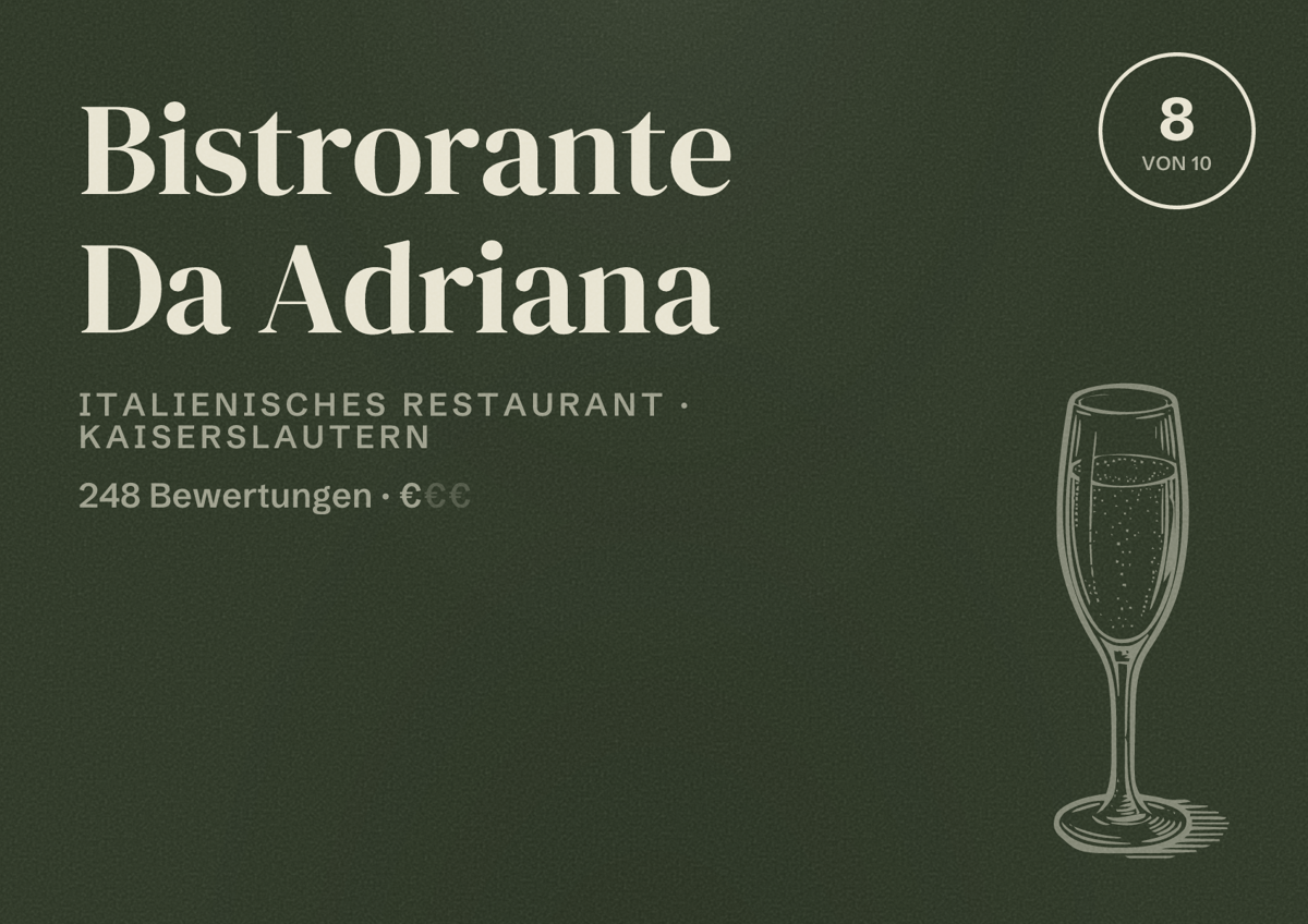 Illustriertes Poster von Bistrorante Da Adriana, Italienisches Restaurant in Kaiserslautern: Bewertung 8 von 10 aus 248 Bewertungen, Preisniveau €