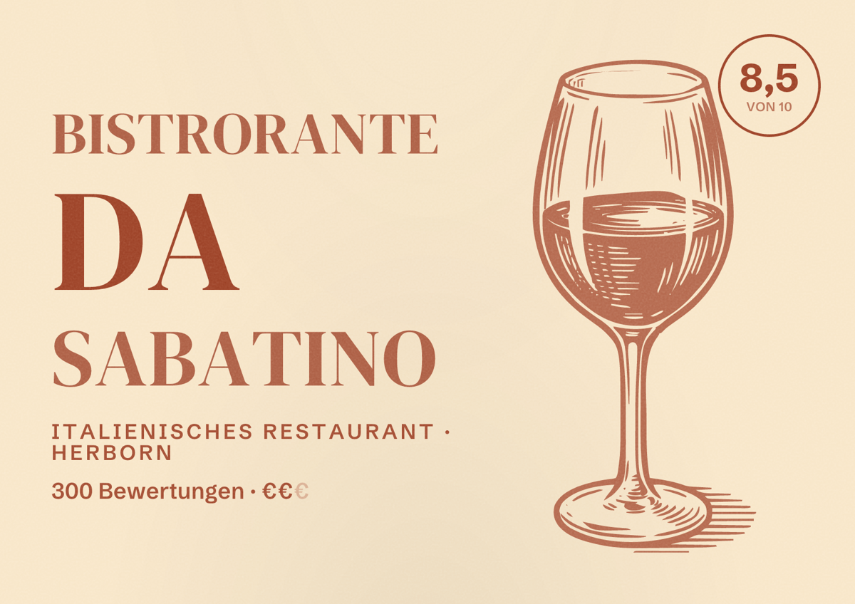 Illustriertes Poster von Bistrorante Da Sabatino, Italienisches Restaurant in Herborn: Bewertung 8,5 von 10 aus 300 Bewertungen, Preisniveau €€