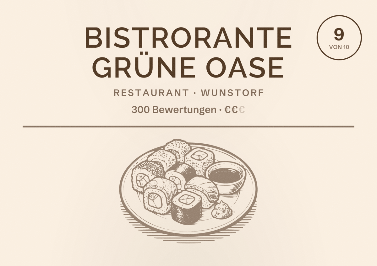 Illustriertes Poster von Bistrorante Grüne Oase, Restaurant in Wunstorf: Bewertung 9 von 10 aus 300 Bewertungen, Preisniveau €€