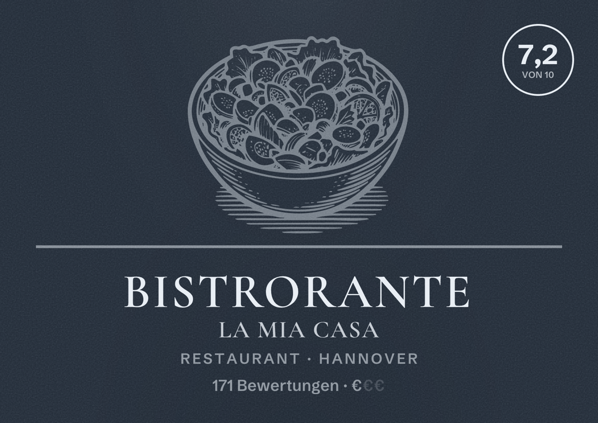 Illustriertes Poster von Bistrorante La mia Casa, Restaurant in Hannover: Bewertung 7,2 von 10 aus 171 Bewertungen, Preisniveau €