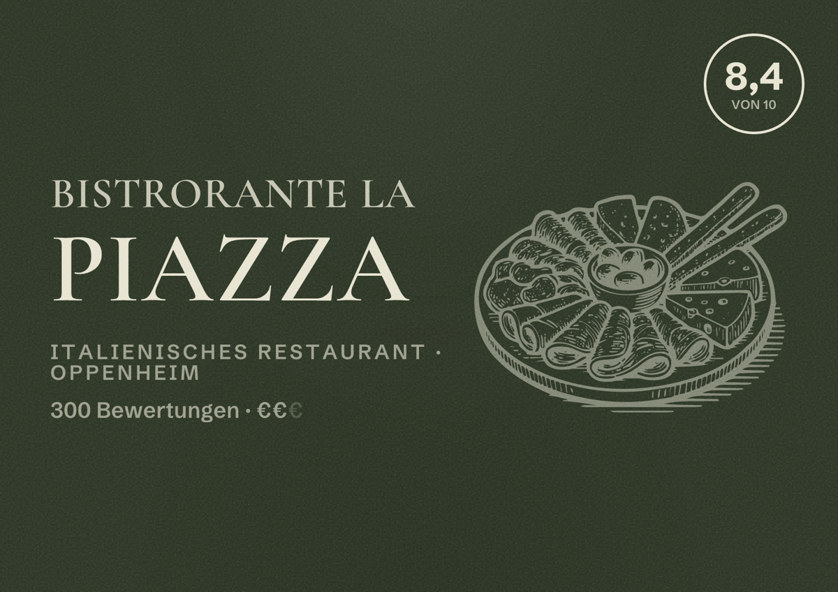 Illustriertes Poster von Bistrorante La Piazza, Italienisches Restaurant in Oppenheim: Bewertung 8,4 von 10 aus 300 Bewertungen, Preisniveau €€