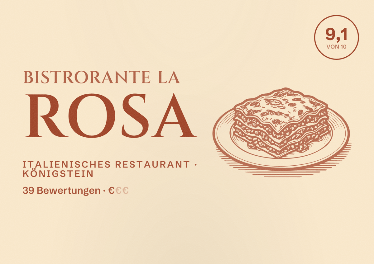 Illustriertes Poster von Bistrorante La Rosa, Italienisches Restaurant in Königstein: Bewertung 9,1 von 10 aus 39 Bewertungen, Preisniveau €