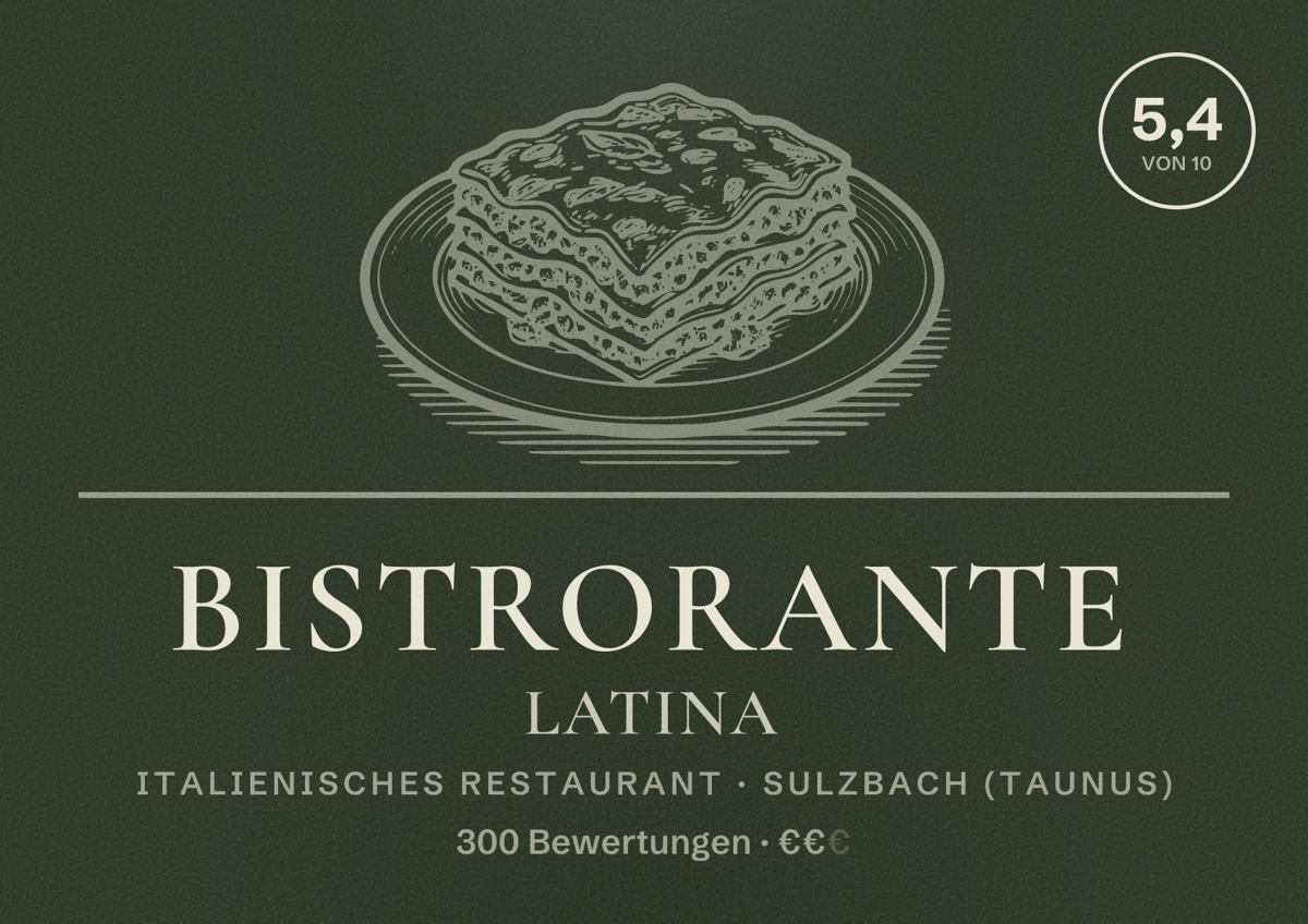 Illustriertes Poster von Bistrorante Latina, Italienisches Restaurant in Sulzbach (Taunus): Bewertung 5,4 von 10 aus 300 Bewertungen, Preisniveau €€