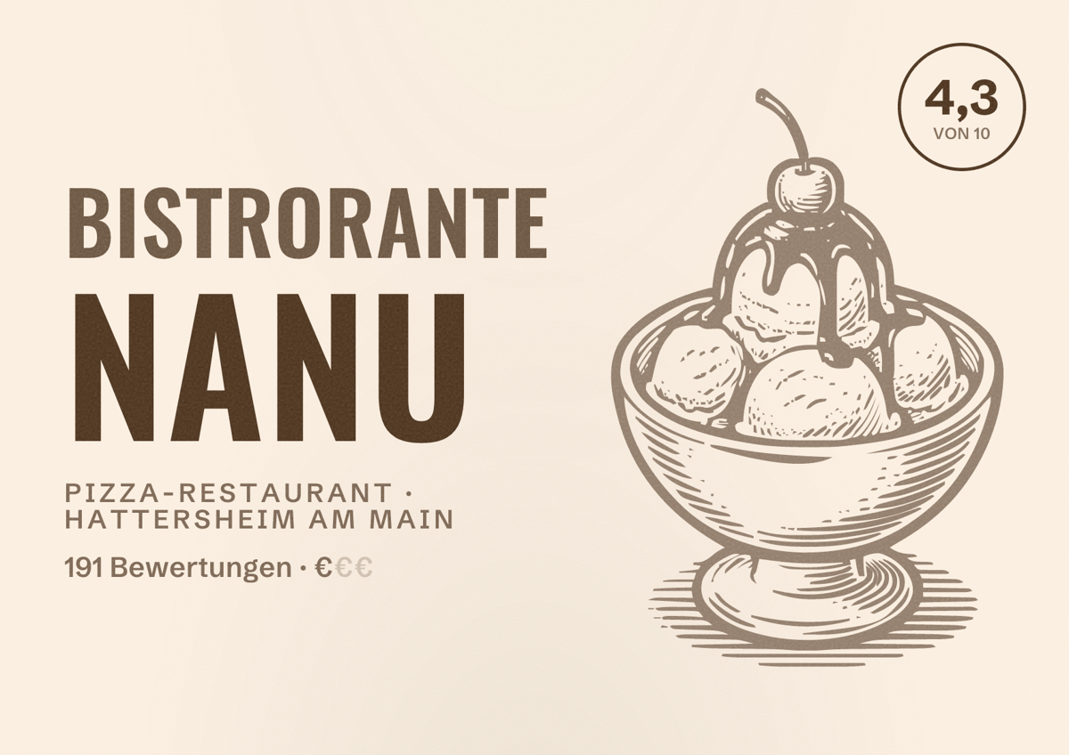 Illustriertes Poster von Bistrorante NANU, Pizza-Restaurant in Hattersheim am Main: Bewertung 4,3 von 10 aus 191 Bewertungen, Preisniveau €