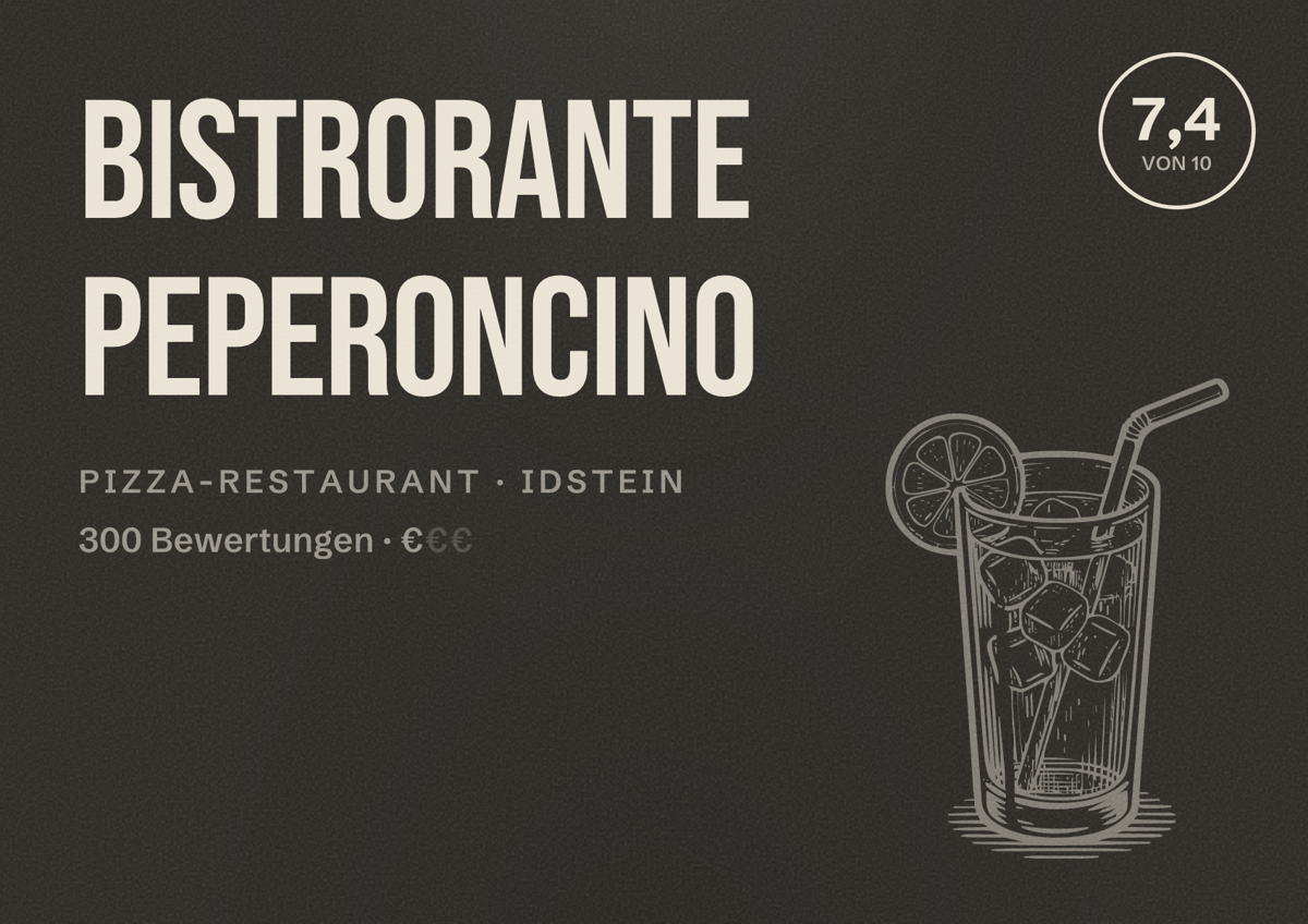Illustriertes Poster von Bistrorante Peperoncino, Pizza-Restaurant in Idstein: Bewertung 7,4 von 10 aus 300 Bewertungen, Preisniveau €