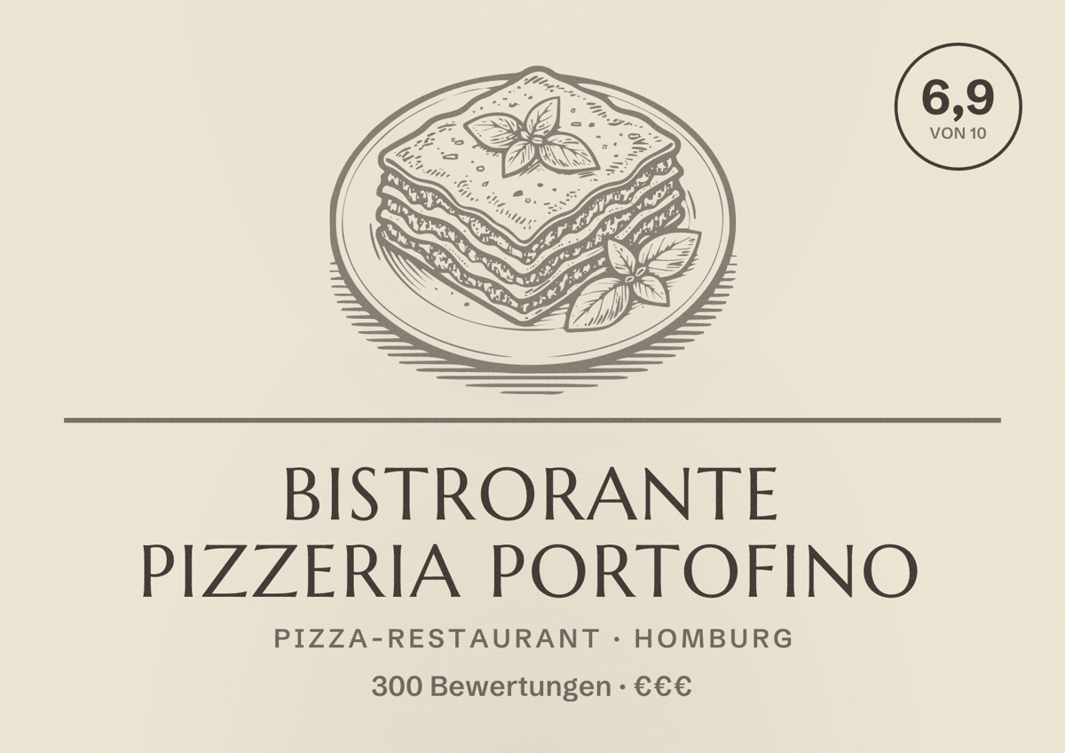 Illustriertes Poster von Bistrorante Pizzeria Portofino, Pizza-Restaurant in Homburg: Bewertung 6,9 von 10 aus 300 Bewertungen, Preisniveau €€€