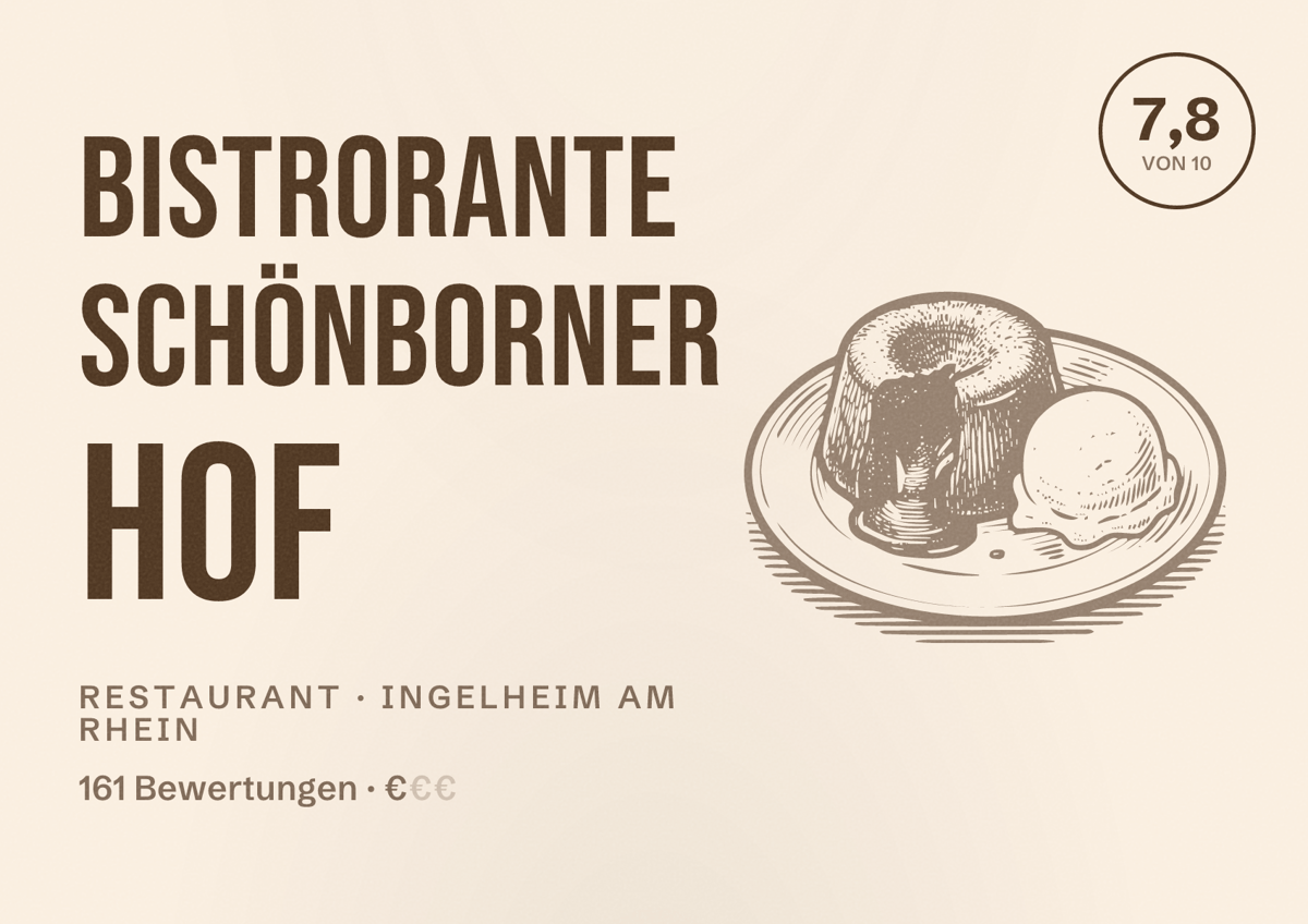 Illustriertes Poster von Bistrorante Schönborner Hof, Restaurant in Ingelheim am Rhein: Bewertung 7,8 von 10 aus 161 Bewertungen, Preisniveau €