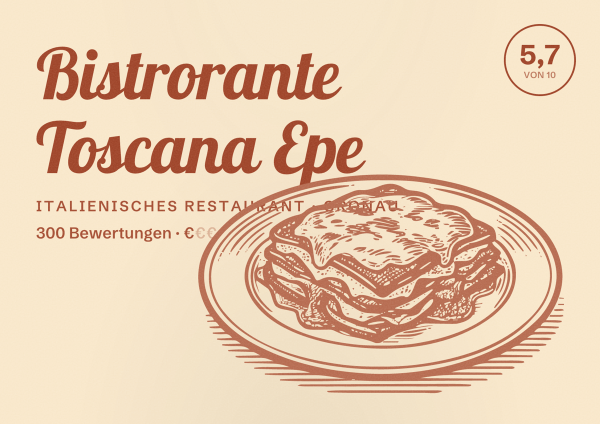 Illustriertes Poster von Bistrorante Toscana Epe, Italienisches Restaurant in Gronau: Bewertung 5,7 von 10 aus 300 Bewertungen, Preisniveau €