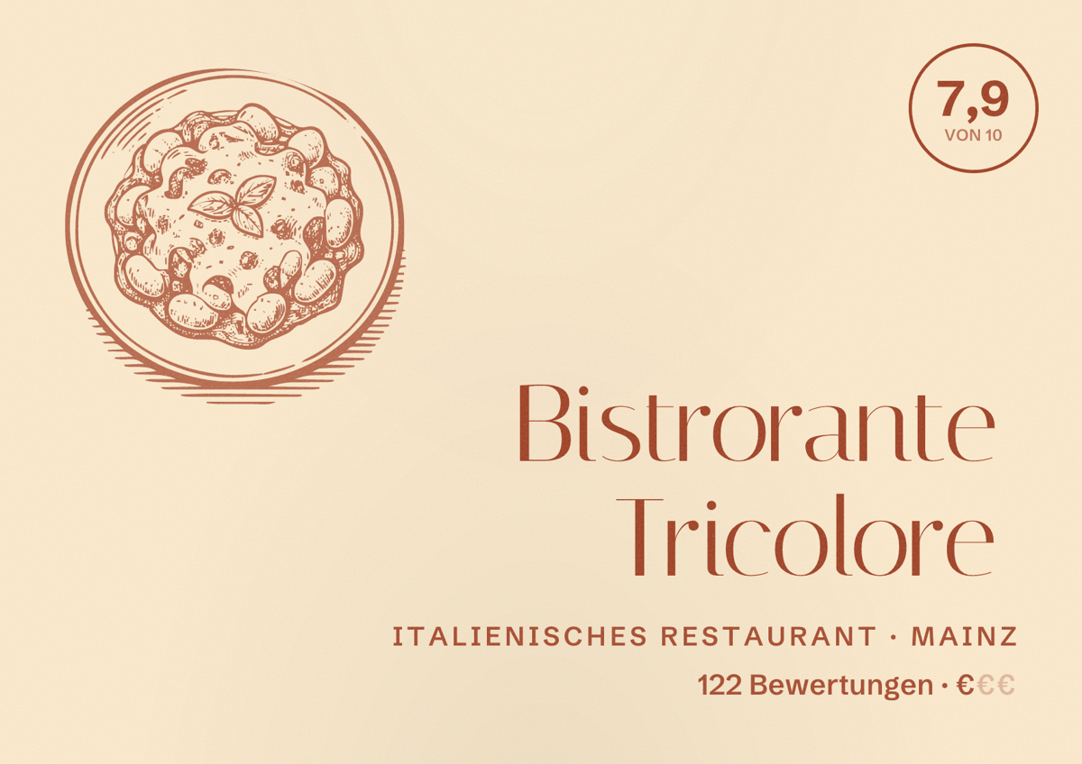 Illustriertes Poster von Bistrorante Tricolore, Italienisches Restaurant in Mainz: Bewertung 7,9 von 10 aus 122 Bewertungen, Preisniveau €