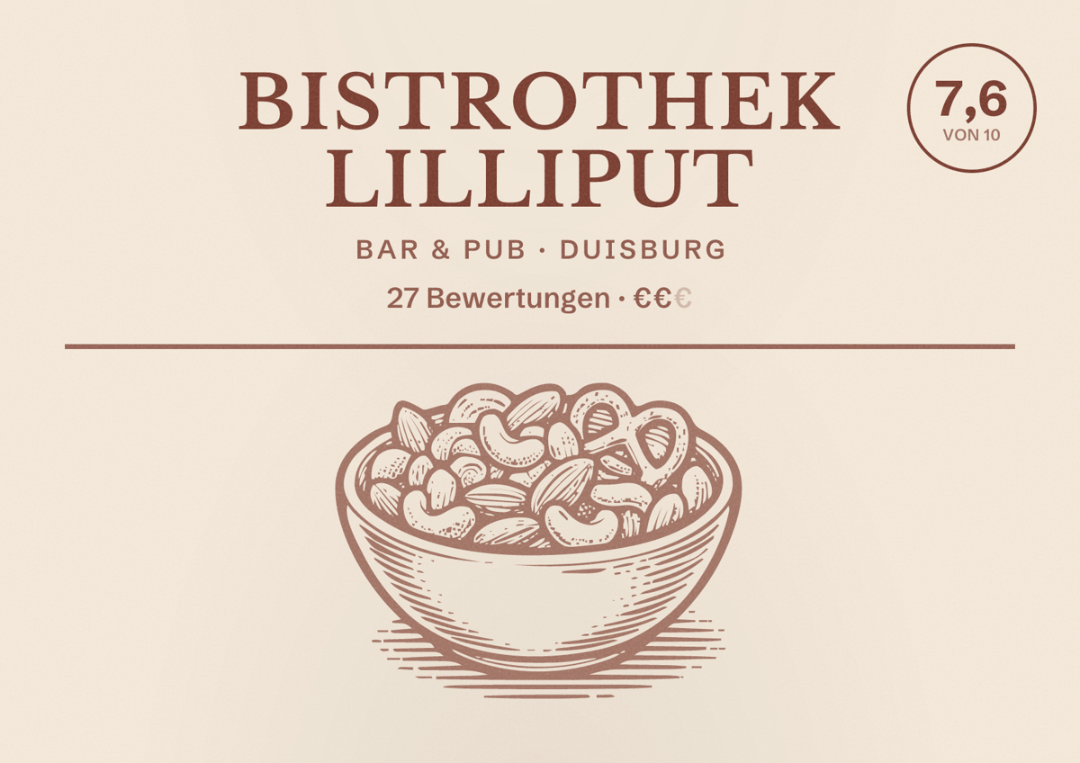 Illustriertes Poster von Bistrothek Lilliput, Bar & Pub in Duisburg: Bewertung 7,6 von 10 aus 27 Bewertungen, Preisniveau €€