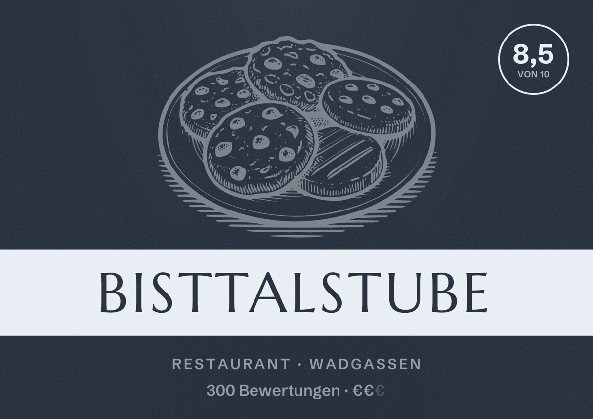 Illustriertes Poster von Bisttalstube, Restaurant in Wadgassen: Bewertung 8,5 von 10 aus 300 Bewertungen, Preisniveau €€