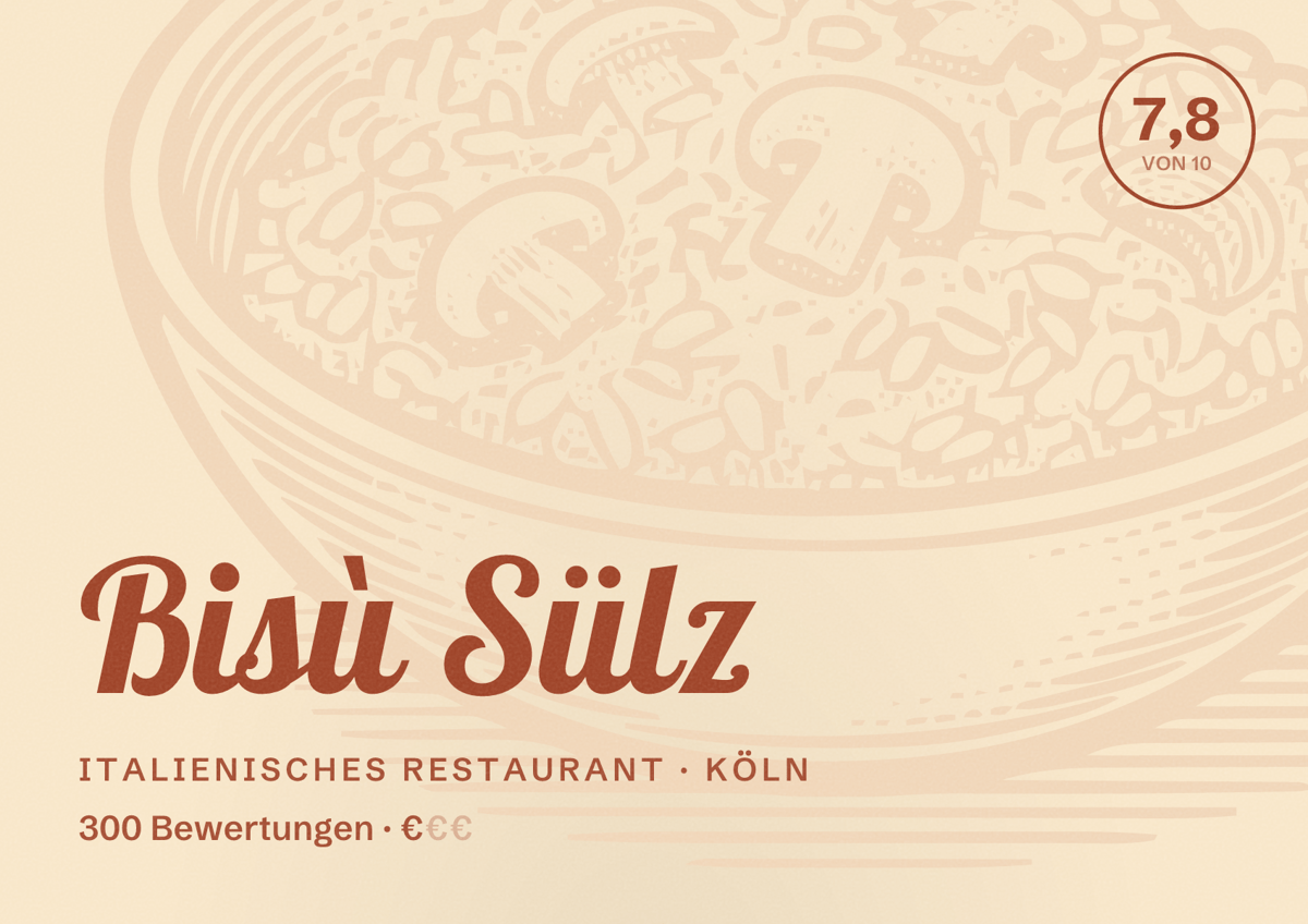 Illustriertes Poster von Bisù Sülz, Italienisches Restaurant in Köln: Bewertung 7,8 von 10 aus 300 Bewertungen, Preisniveau €