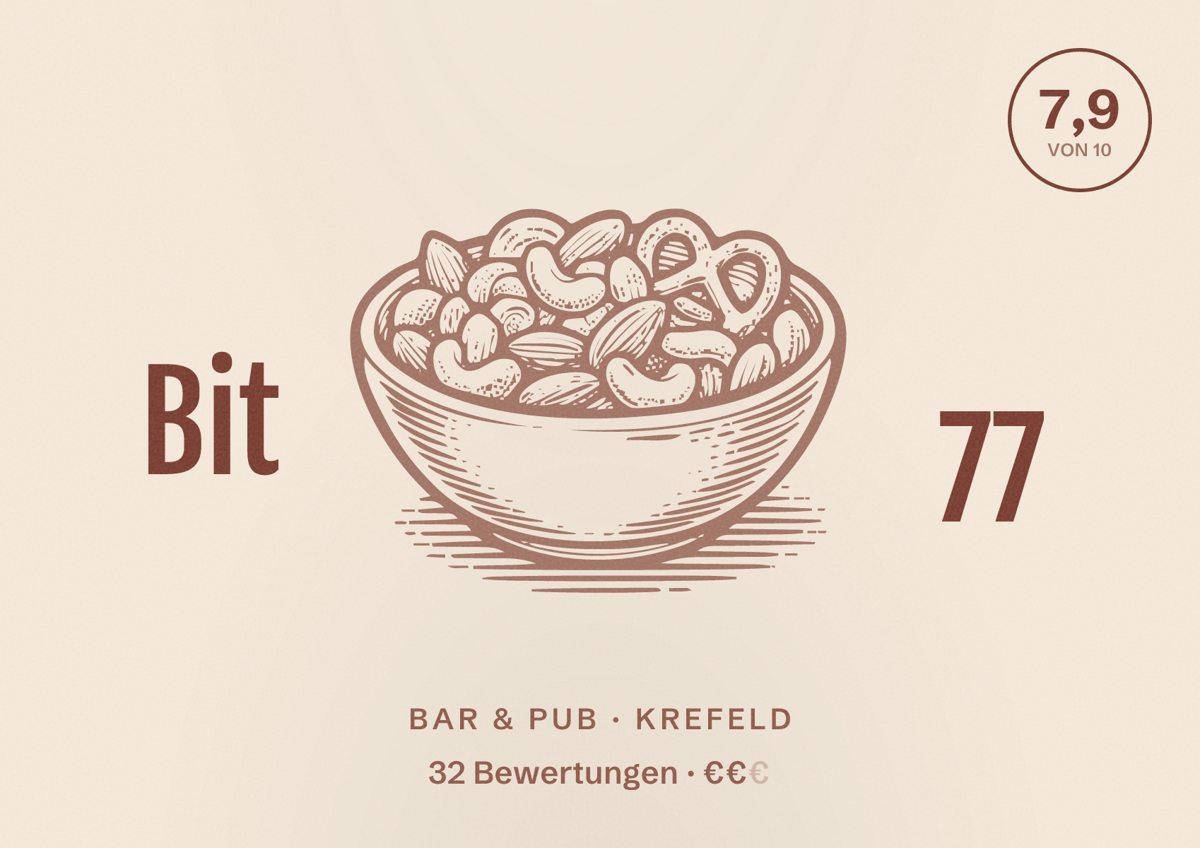 Illustriertes Poster von Bit 77, Bar & Pub in Krefeld: Bewertung 7,9 von 10 aus 32 Bewertungen, Preisniveau €€