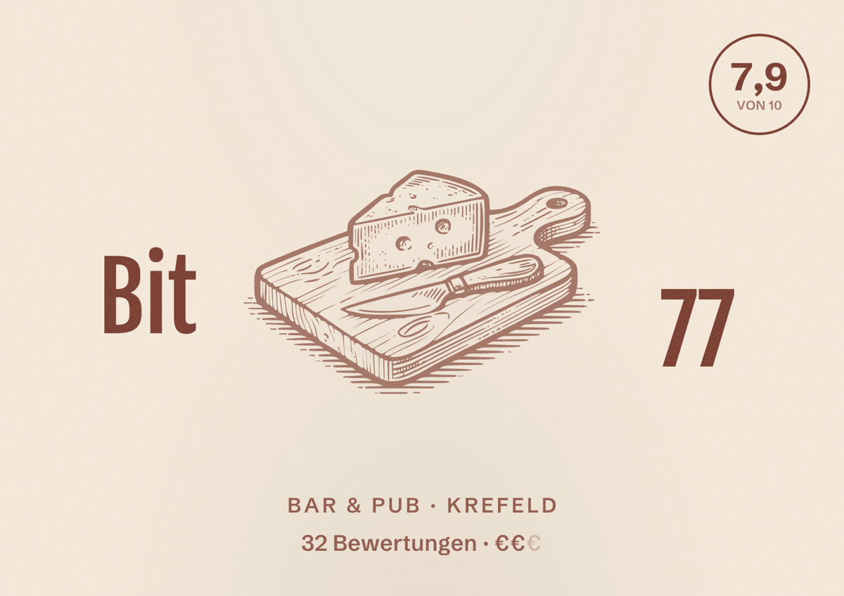 Illustriertes Poster von Bit 77, Bar & Pub in Krefeld: Bewertung 7,9 von 10 aus 32 Bewertungen, Preisniveau €€