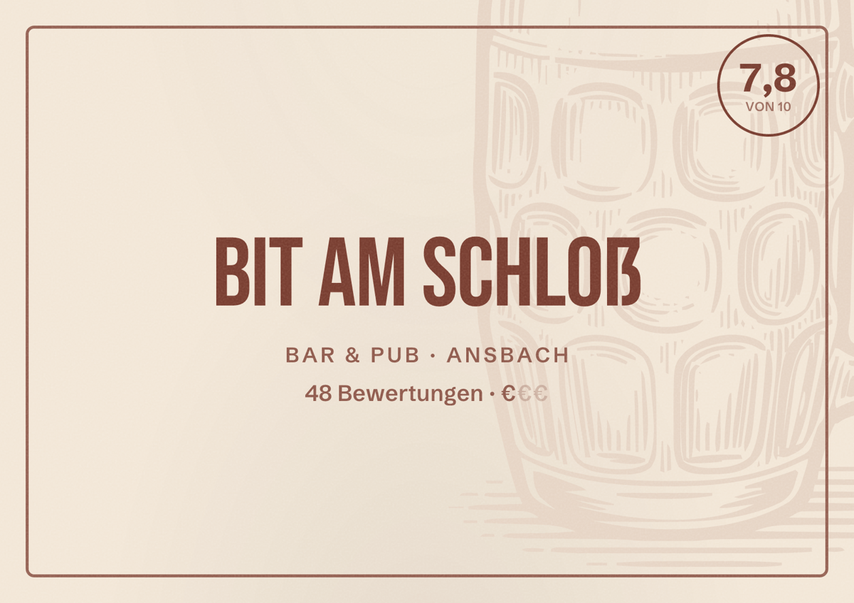 Illustriertes Poster von Bit am Schloß, Bar & Pub in Ansbach: Bewertung 7,8 von 10 aus 48 Bewertungen, Preisniveau €