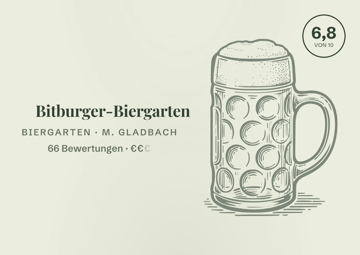 Illustriertes Poster von Bitburger-Biergarten, Biergarten in M. Gladbach: Bewertung 6,8 von 10 aus 66 Bewertungen, Preisniveau €€