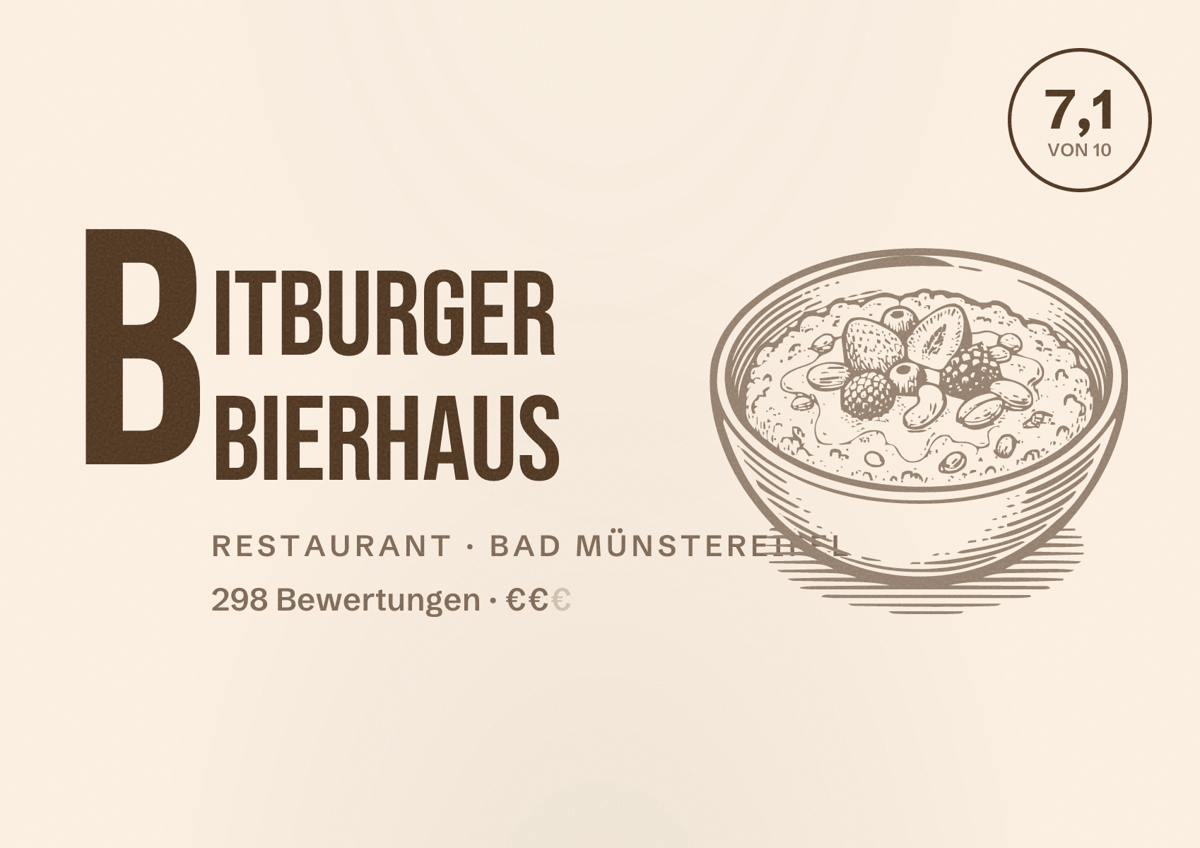 Illustriertes Poster von Bitburger Bierhaus, Restaurant in Bad Münstereifel: Bewertung 7,1 von 10 aus 298 Bewertungen, Preisniveau €€
