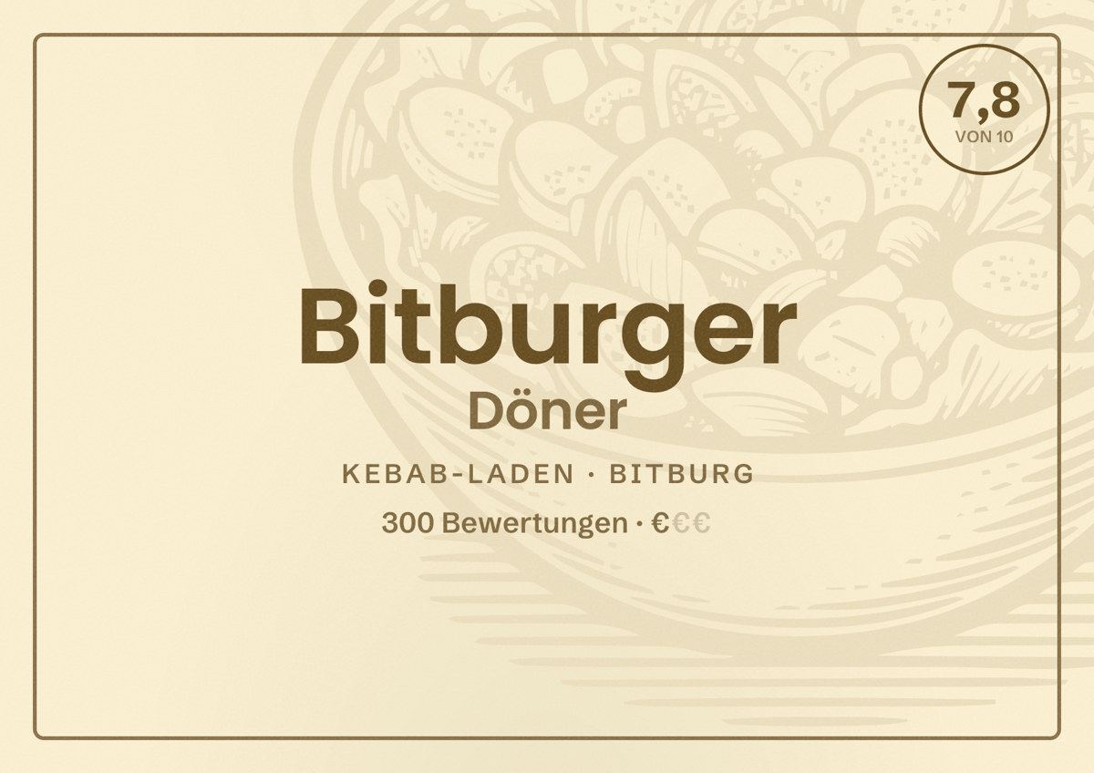 Illustriertes Poster von Bitburger Döner, Kebab-Laden in Bitburg: Bewertung 7,8 von 10 aus 300 Bewertungen, Preisniveau €