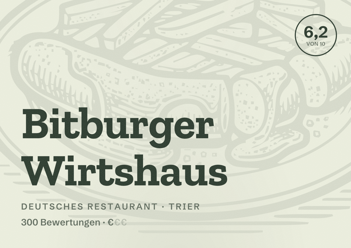Illustriertes Poster von Bitburger Wirtshaus, Deutsches Restaurant in Trier: Bewertung 6,2 von 10 aus 300 Bewertungen, Preisniveau €