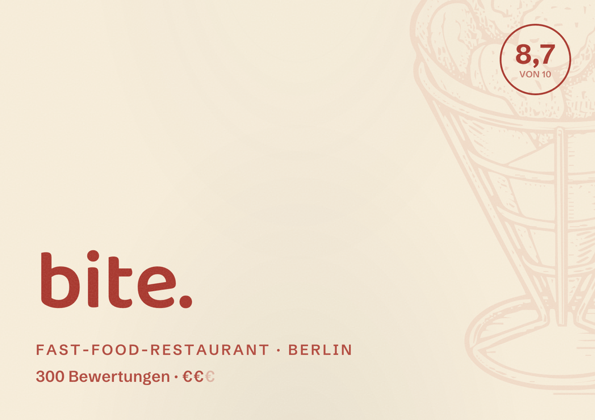 Illustriertes Poster von bite., Fast-Food-Restaurant in Berlin: Bewertung 8,7 von 10 aus 300 Bewertungen, Preisniveau €€