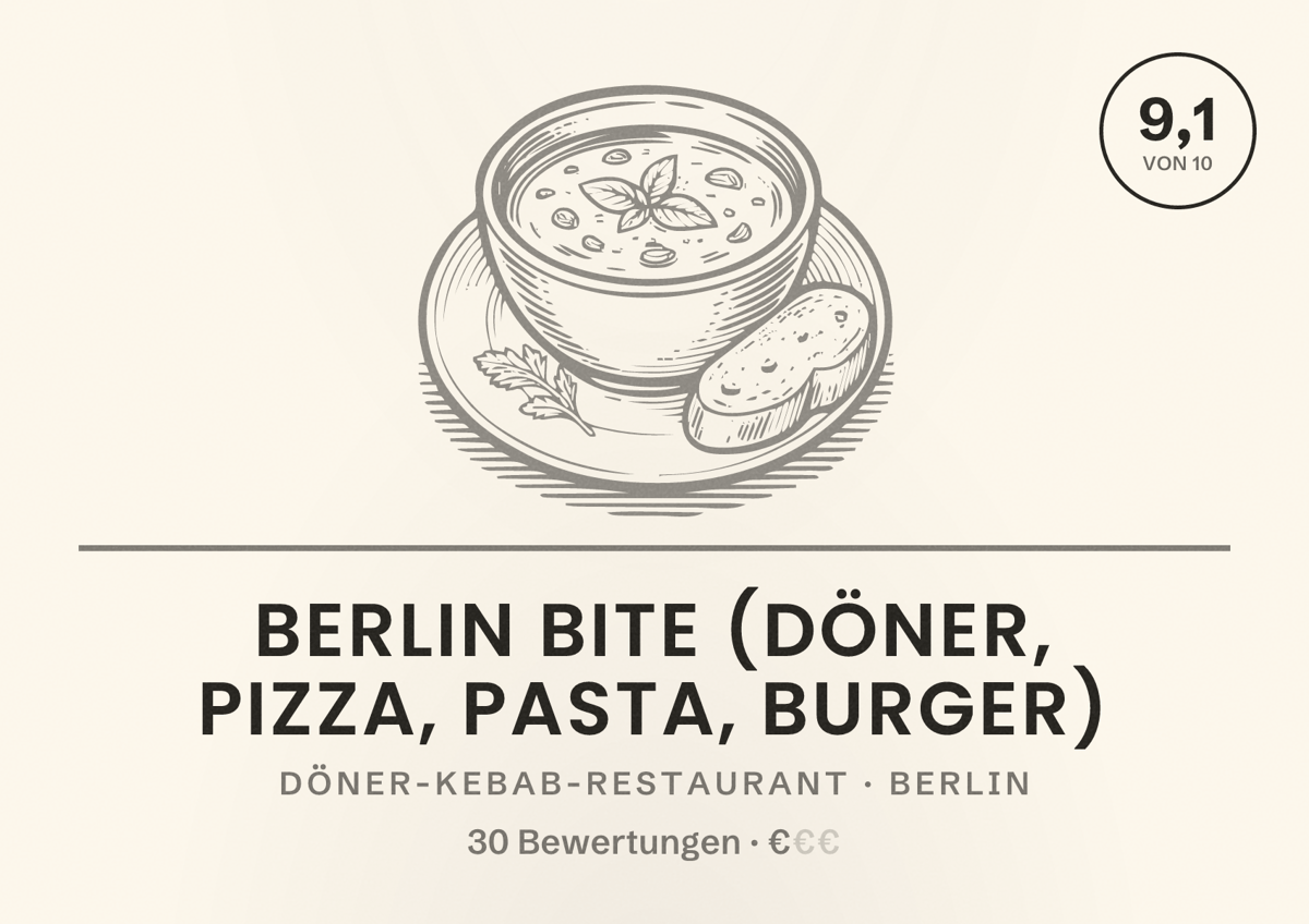 Illustriertes Poster von BERLIN BITE (Döner, Pizza, Pasta, Burger), Döner-Kebab-Restaurant in Berlin: Bewertung 9,1 von 10 aus 30 Bewertungen, Preisniveau €
