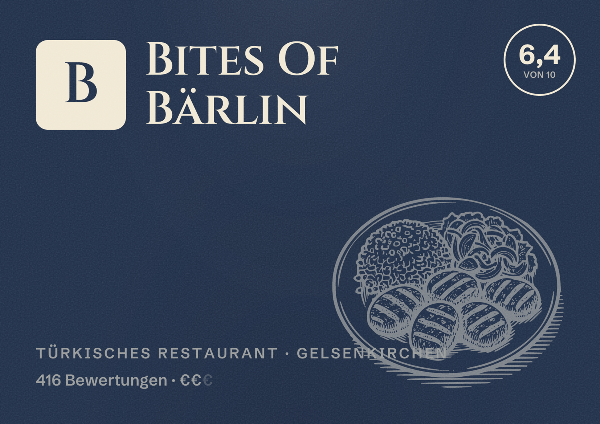 Illustriertes Poster von Bites Of Bärlin, Türkisches Restaurant in Gelsenkirchen: Bewertung 6,4 von 10 aus 416 Bewertungen, Preisniveau €€