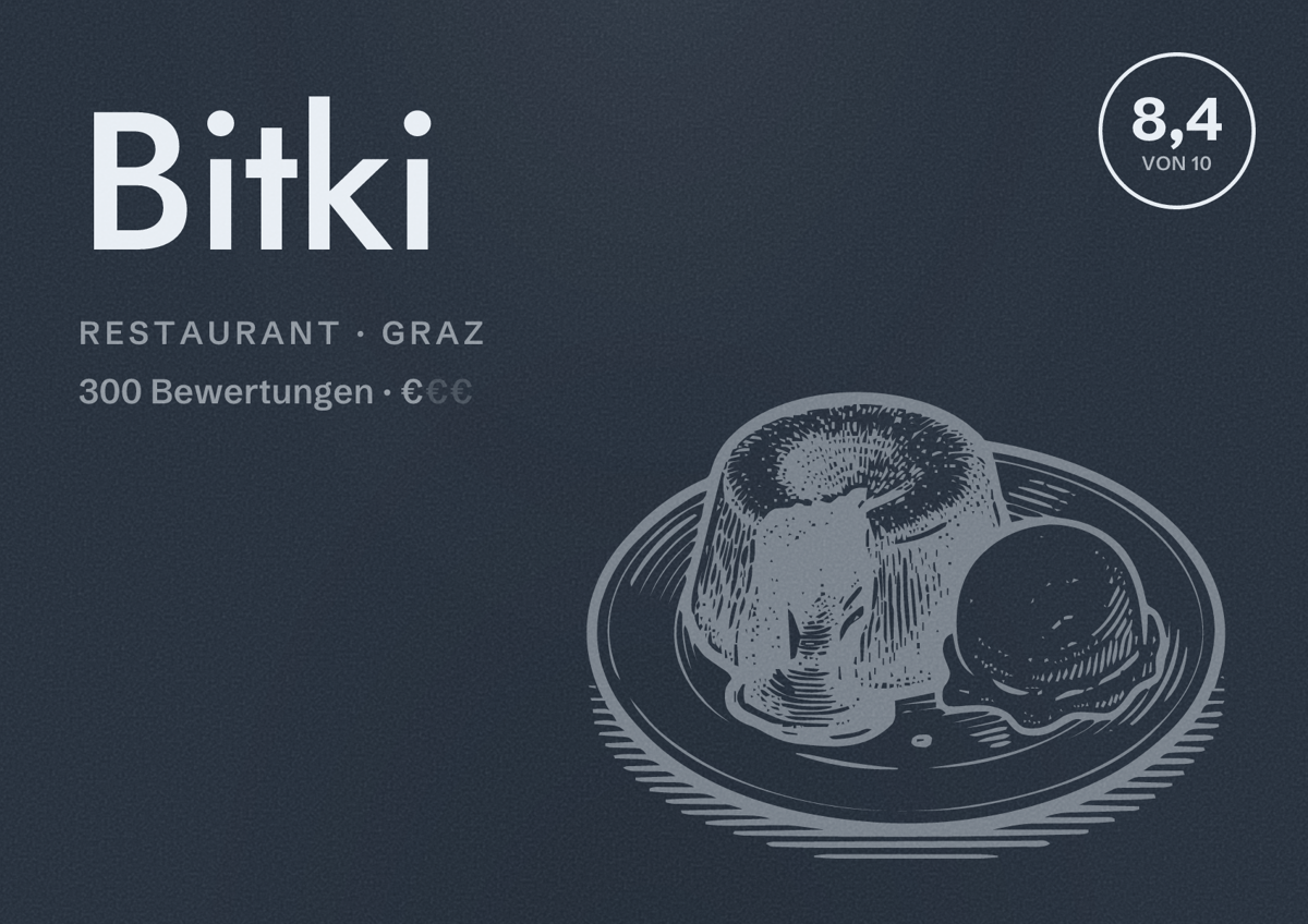 Illustriertes Poster von Bitki, Restaurant in Graz: Bewertung 8,4 von 10 aus 300 Bewertungen, Preisniveau €