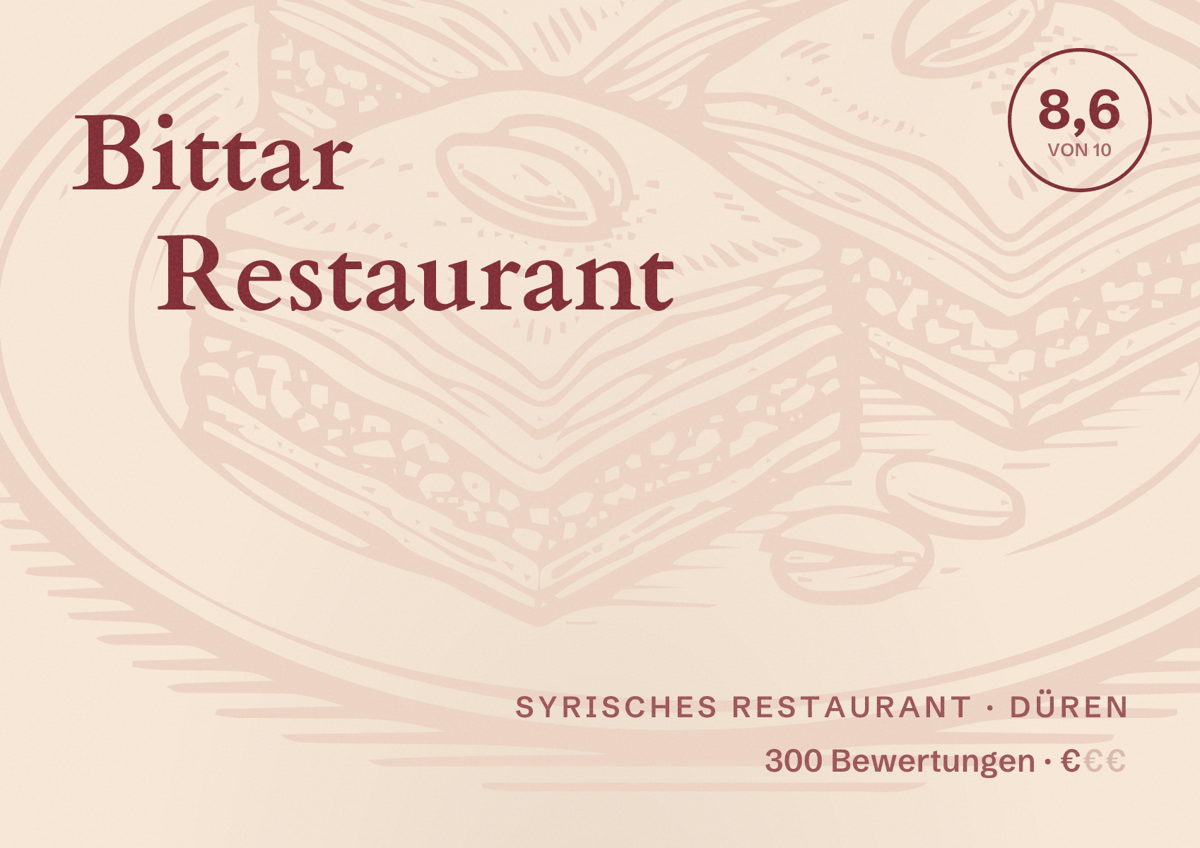Illustriertes Poster von Bittar Restaurant, Syrisches Restaurant in Düren: Bewertung 8,6 von 10 aus 300 Bewertungen, Preisniveau €