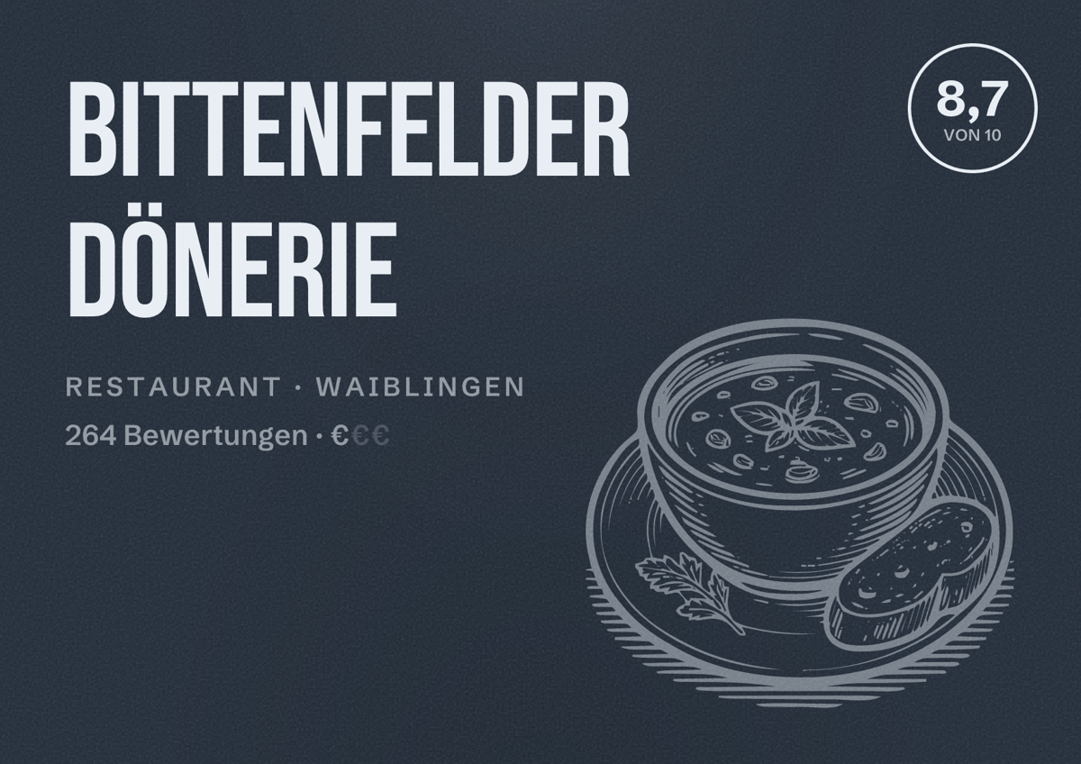 Illustriertes Poster von Bittenfelder Dönerie, Restaurant in Waiblingen: Bewertung 8,7 von 10 aus 264 Bewertungen, Preisniveau €