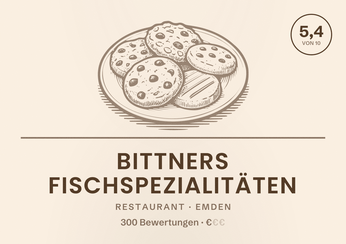 Illustriertes Poster von Bittners Fischspezialitäten, Restaurant in Emden: Bewertung 5,4 von 10 aus 300 Bewertungen, Preisniveau €