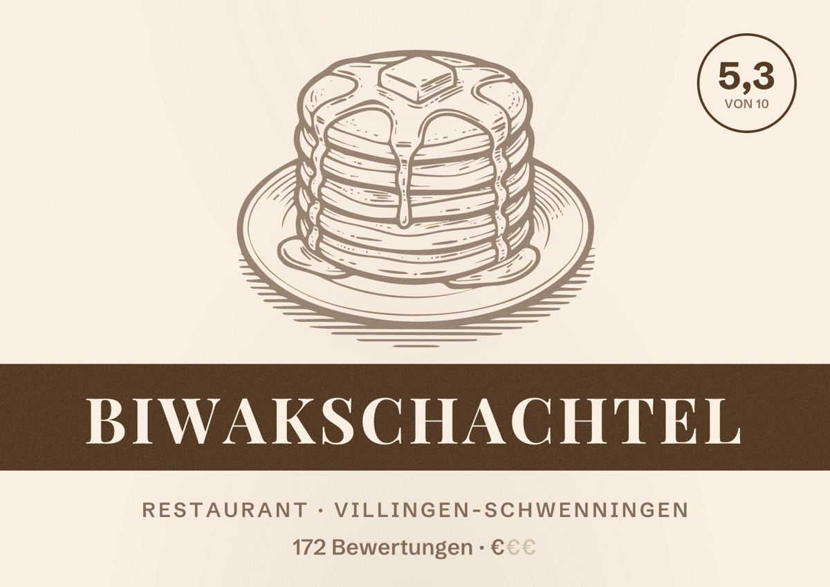 Illustriertes Poster von Biwakschachtel, Restaurant in Villingen-Schwenningen: Bewertung 5,3 von 10 aus 172 Bewertungen, Preisniveau €