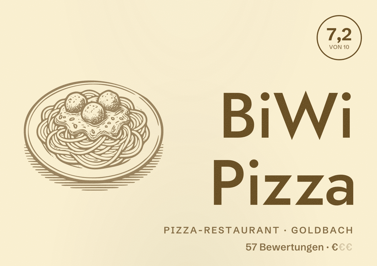 Illustriertes Poster von BiWi Pizza, Pizza-Restaurant in Goldbach: Bewertung 7,2 von 10 aus 57 Bewertungen, Preisniveau €