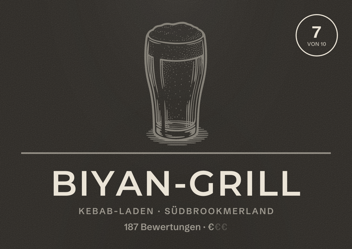 Illustriertes Poster von Biyan-Grill, Kebab-Laden in Südbrookmerland: Bewertung 7 von 10 aus 187 Bewertungen, Preisniveau €
