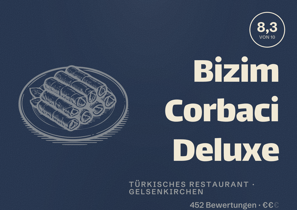 Illustriertes Poster von Bizim Corbaci Deluxe, Türkisches Restaurant in Gelsenkirchen: Bewertung 8,3 von 10 aus 452 Bewertungen, Preisniveau €€