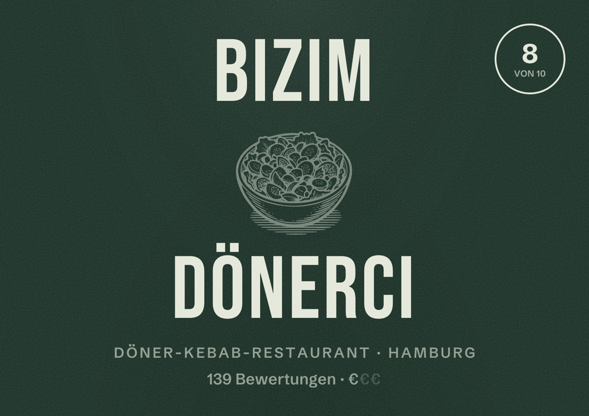 Illustriertes Poster von Bizim Dönerci, Döner-Kebab-Restaurant in Hamburg: Bewertung 8,0 von 10 aus 139 Bewertungen, Preisniveau €