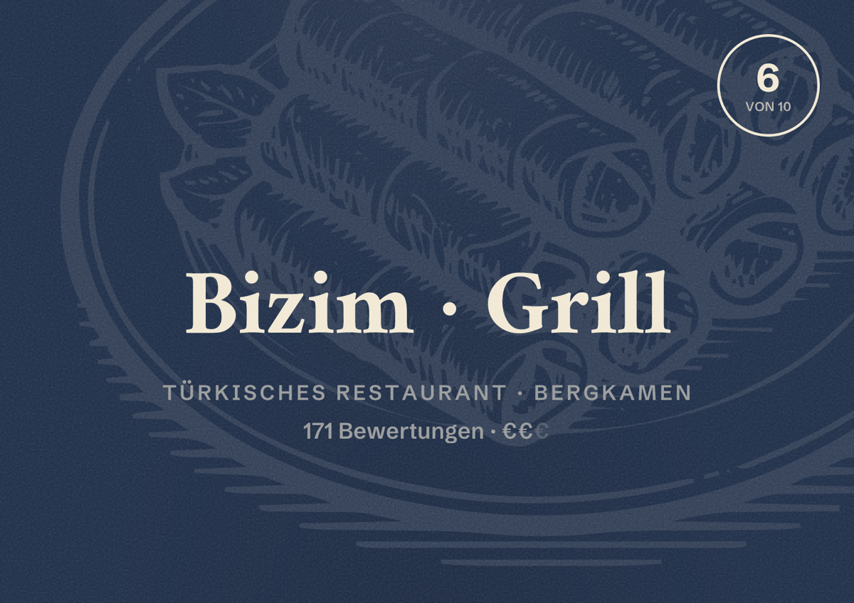 Illustriertes Poster von Bizim Grill, Türkisches Restaurant in Bergkamen: Gästebewertung 6 von 10 aus 171 Bewertungen