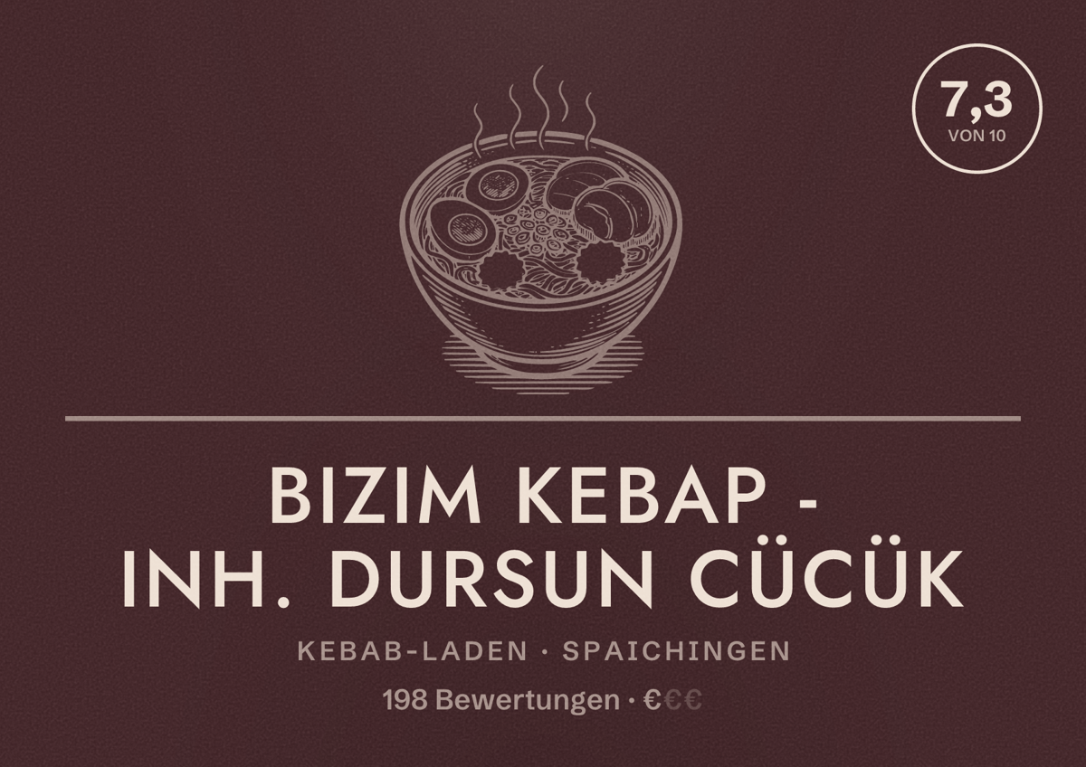 Illustriertes Poster von Bizim Kebap - Inh. Dursun Cücük, Kebab-Laden in Spaichingen: Bewertung 7,3 von 10 aus 198 Bewertungen, Preisniveau €