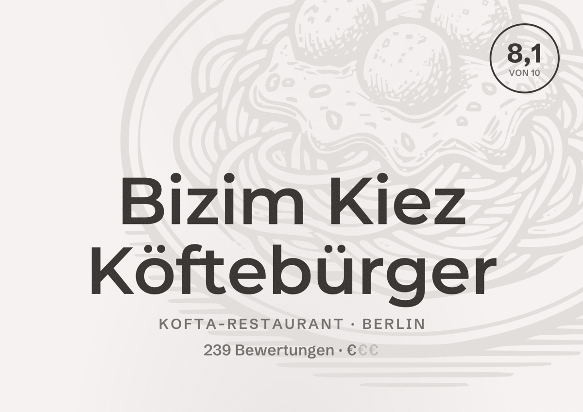 Illustriertes Poster von Bizim Kiez Köftebürger, Kofta-Restaurant in Berlin: Bewertung 8,1 von 10 aus 239 Bewertungen, Preisniveau €