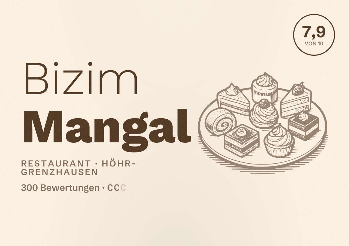 Illustriertes Poster von Bizim Mangal, Restaurant in Höhr-Grenzhausen: Bewertung 7,9 von 10 aus 300 Bewertungen, Preisniveau €€