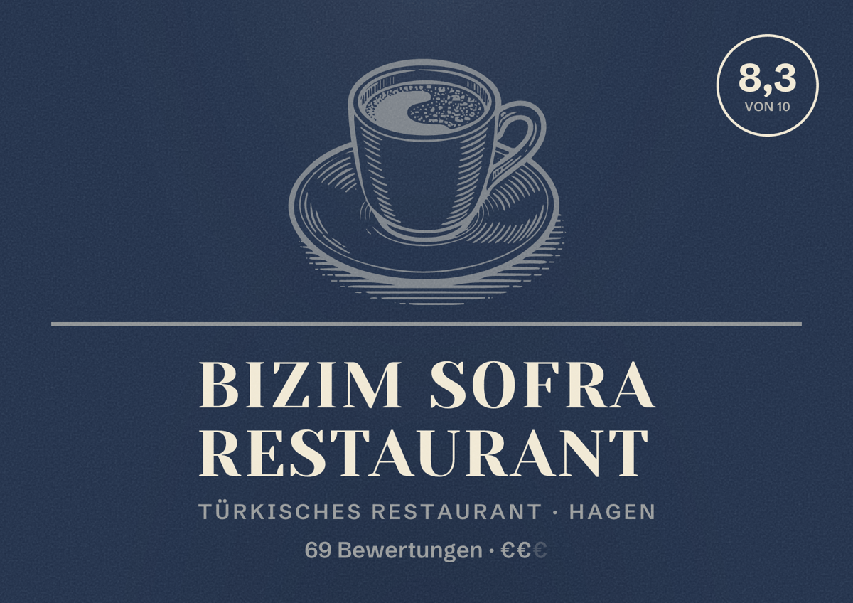 Illustriertes Poster von Bizim Sofra Restaurant, Türkisches Restaurant in Hagen: Bewertung 8,3 von 10 aus 69 Bewertungen, Preisniveau €€