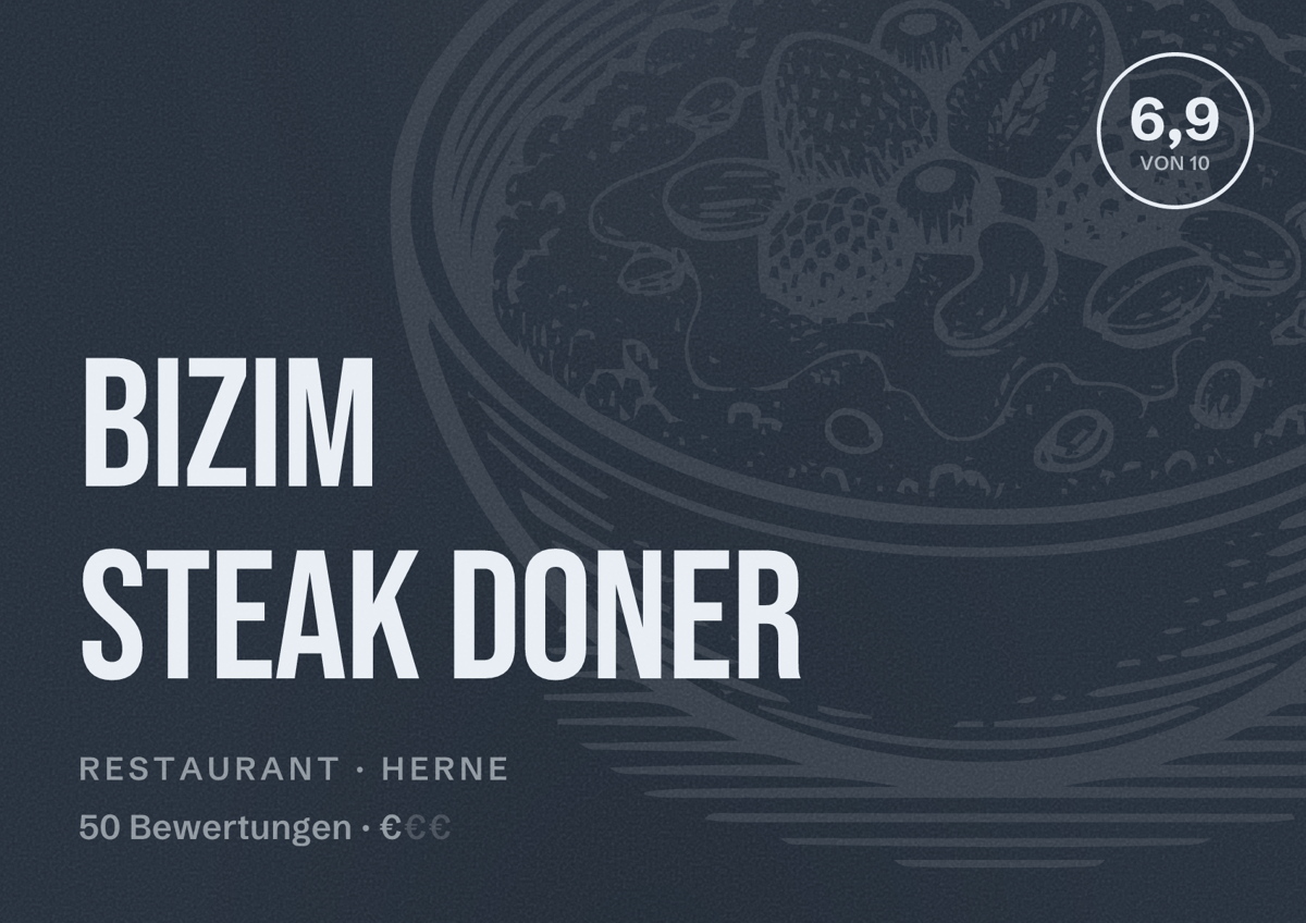 Illustriertes Poster von BIZIM steak Doner, Restaurant in Herne: Bewertung 6,9 von 10 aus 50 Bewertungen, Preisniveau €