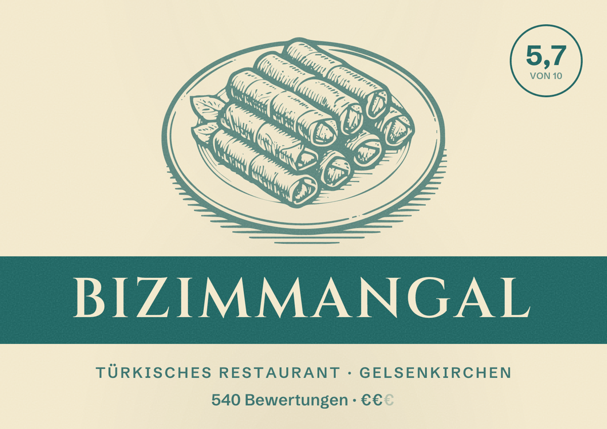 Illustriertes Poster von Bizimmangal, Türkisches Restaurant in Gelsenkirchen: Bewertung 5,7 von 10 aus 540 Bewertungen, Preisniveau €€