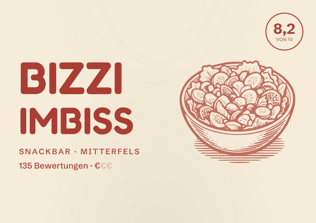 Illustriertes Poster von Bizzi Imbiss, Snackbar in Mitterfels: Bewertung 8,2 von 10 aus 135 Bewertungen, Preisniveau €