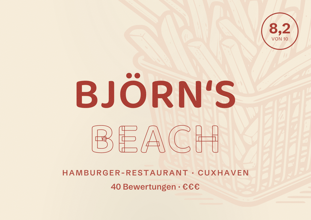 Illustriertes Poster von Björn‘s Beach, Hamburger-Restaurant in Cuxhaven: Bewertung 8,2 von 10 aus 40 Bewertungen, Preisniveau €€€