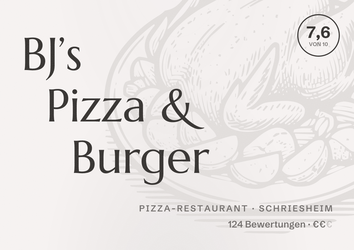 Illustriertes Poster von BJ’s Pizza & Burger, Pizza-Restaurant in Schriesheim: Bewertung 7,6 von 10 aus 124 Bewertungen, Preisniveau €€